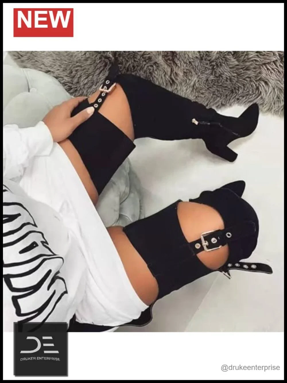 HiColor Women's Belted Pointed Toe High Boots Striking Buckle Strap Fashion